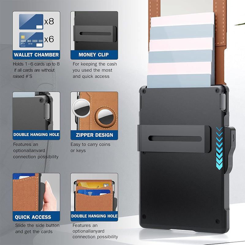 Norvo | 🔥Lommebok for menn - med pop-up aluminiumsveske Minimal lommebok med pengeslips i lær med plass til kredittkort RFID-blokkering