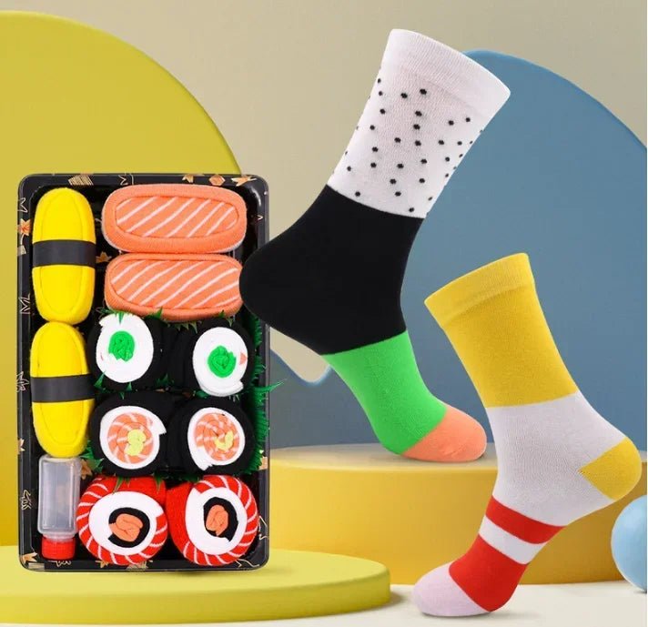 Norvo | Sushi Mid-Calf Sokker Gave Sett – 3-Par Harajuku Kattun Sokker med Lekne Pizza, Burger & Sushi Mønstre, Perfekt for Jul eller Bursdagsoverraskelser