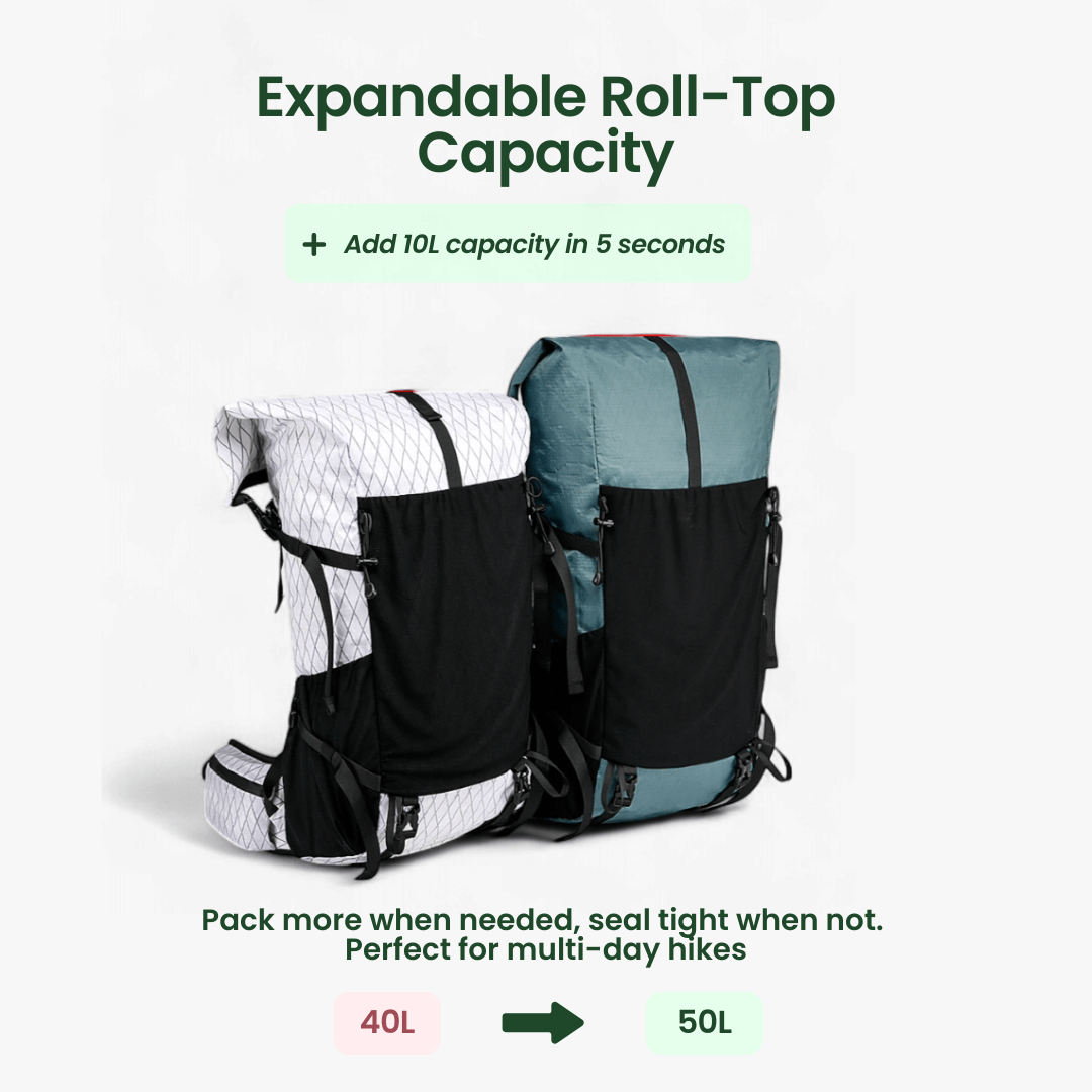 Norvo | ULTREA 50L – Ultralegger ekspanderbar eventyr ryggsekk for fotturer og reise