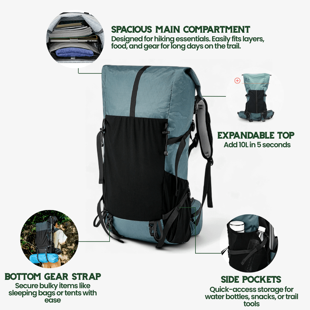 Norvo | ULTREA 50L – Ultralegger ekspanderbar eventyr ryggsekk for fotturer og reise