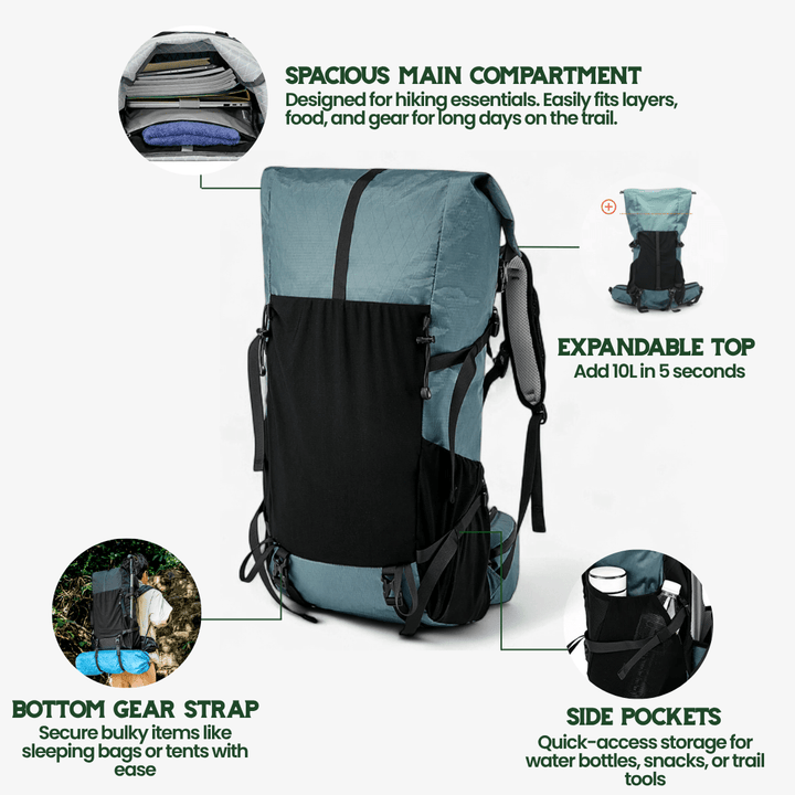 Norvo | ULTREA 50L – Ultralegger ekspanderbar eventyr ryggsekk for fotturer og reise