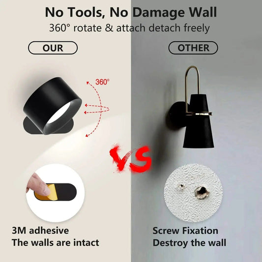 Norvo | Batteridrevet vegglampe | Oppladbar, 360° justerbar og trådløs for soverom, ganger og lesehjørner