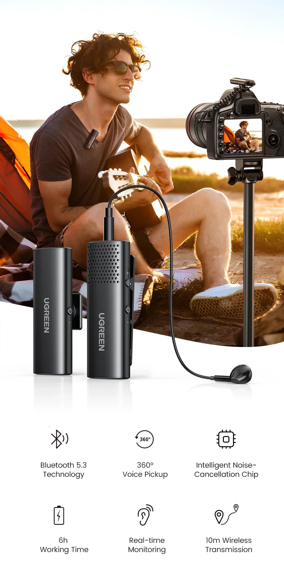UGREEN Trådløs Bluetooth Mikrofon - Støyreduksjon Bluetooth Mikrofon for Kamera og Videoinnspilling