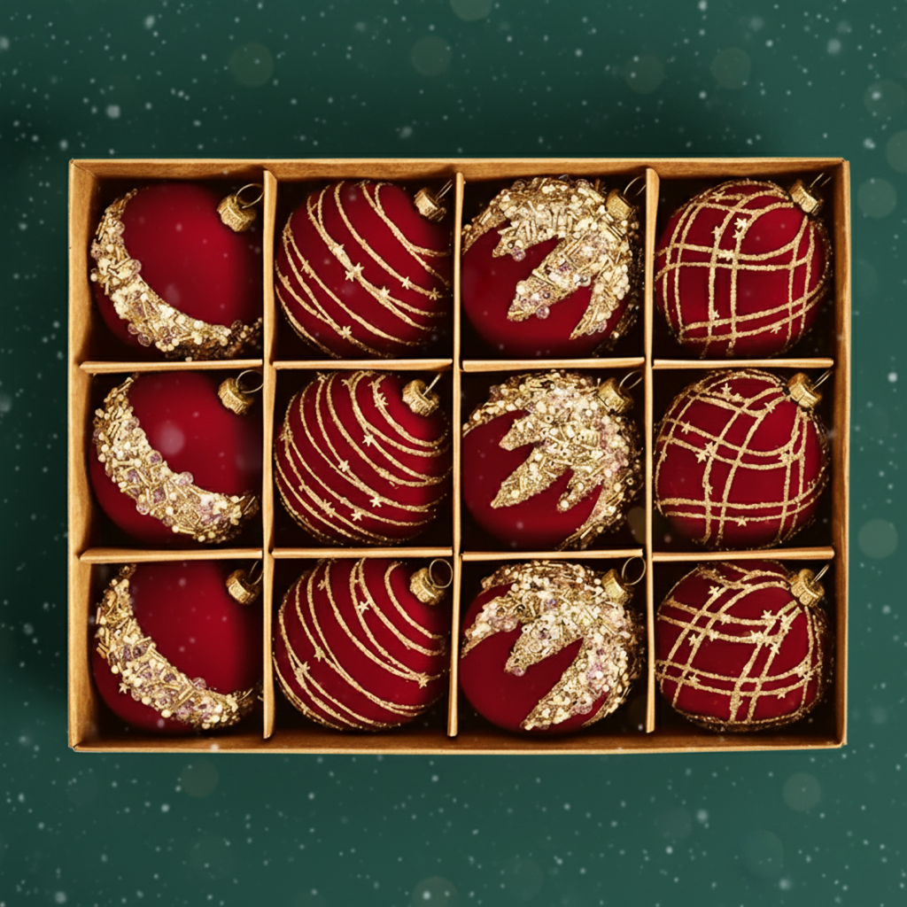 Fløyels Julekuler Sett (12 stk.) – Vinrød, Khaki & Grønn Pynt (6cm)